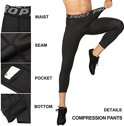 מכנסי דחיסה של לנדונסי 3 מארז מכנסי דחיסה 3/4 טייץ כדורגל ריצה עם פוקטים יבש כושר חותלות ספורט בסיסי.