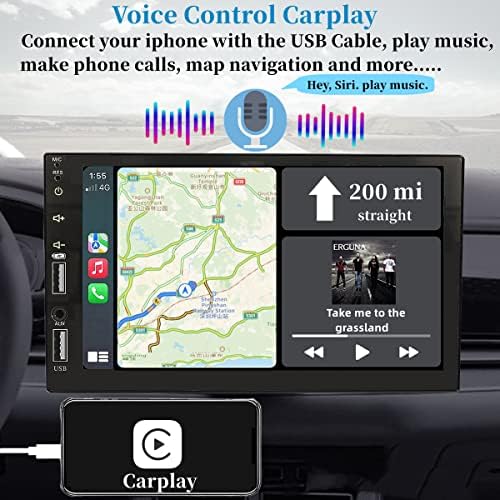 סטריאו לרכב DIN כפול עם שליטה קולית Apple CarPlay - 7 אינץ 'HD מסך מגע רדיו עם Bluetooth 5.1 ומיקרופון וגיב