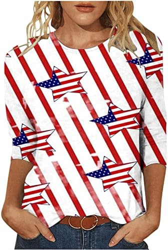 Tuianres נשים אמריקה חולצות דגל 2023 כוכבים טרנדיים פסים חולצת טי פטריוטית 3/4 שרוול יום עצמאות חולצת