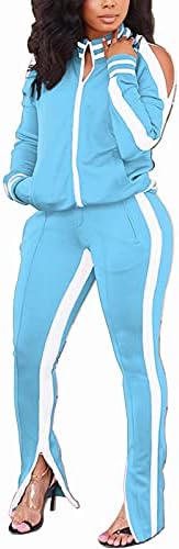 Bornpom נשים 2 חלקים תלבושות טלאים מפוספסים מעילי בלוק צבעים בגוף חריץ מכנסיים ארוכים מערכות אימוניות