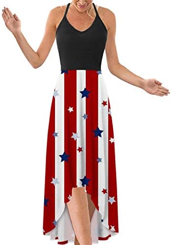 4 ביולי מקסי שמלות לנשים קיץ מזדמן בוהו שמלת ארה ב דגל סקופ צוואר קאמי שרוולים כוכבים פסים שמלה קיצית