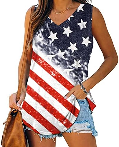 LMSXCT נשים אמריקאיות דגל אמריקה גופיות הדפסת גופיות קז'ואל V צוואר ארהב כוכבים ארהב פסים חולצה פטריוטית קיץ