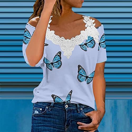 Camiseta de Engaje Con Estampado de Mariposas Mujer Blusa Manga Corta Retazos y Cuello en v Con Hombros