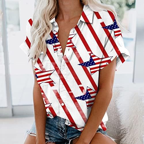 נשים 4 ביולי כפתור למטה חולצות דגל אמריקאי מודפס צמרות פטריוטס חולצה חולצה מגולגלת שרוול צווארון