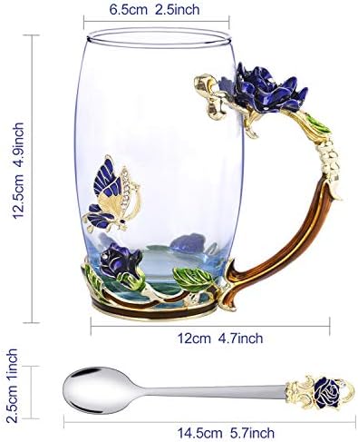 וינסיף 12 עוז חידוש פרפר פרח אמייל זכוכית תה כוס עם כפית סט & מגבר; תיבת מתנות לנשים יום הולדת / אמהות