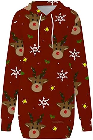 Ruziyoog נשים שמלת קפוצ'ונים של חג מולד שמח מכוערת מודפסת שרוול ארוך סוודר שרוך חג המולד מיני שמלות סווטשירט