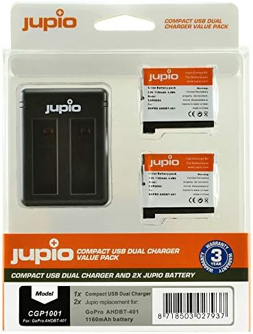 חבילת ערך JUPIO עם 2X AHDBT-401 3.8V 1160mAh Lithium-ion סוללה ומטען כפול USB קומפקטי עבור GoPro Hero4