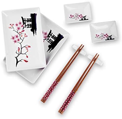 סט צלחת סושי 8 של Panbado 8 יח ', ערכות סושי חרסינה בסגנון יפני עם דפוס פריחת דובדבן, כוללים 2 צלחות סושי, 2