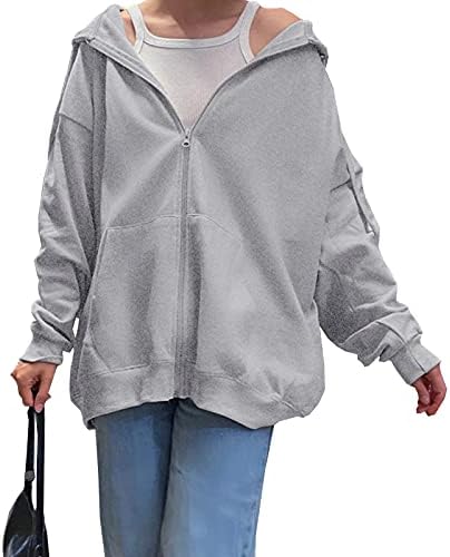 נשות Hber שרוול ארוך מזדמן רוכסן סווטשירטים Y2K קפוצ'ונים של ז'קט בגדי רחוב גדולים עם כיסים