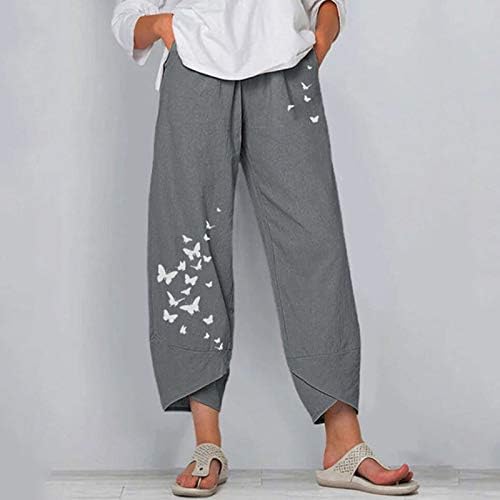 מכנסי כותנה מצעים נוחים לנשים נוחות מכנסי כותנה מודפסים מכנסי רגל רחבים מזדמנים רופפים מכנסיים קלים עם כיסים