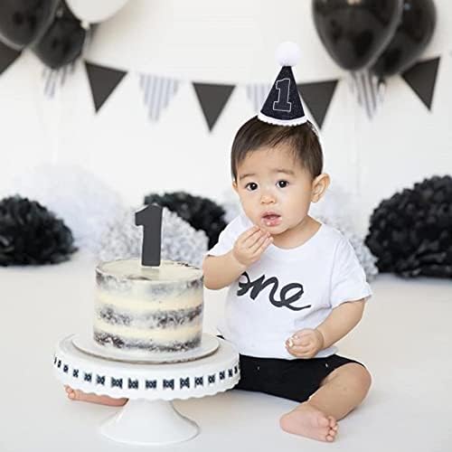 כובע מסיבת יום הולדת ראשון לתינוק - כובע חרוט לבן שחור, קישוטים ליום הולדת ראשון, תמונות עוגות עוגה