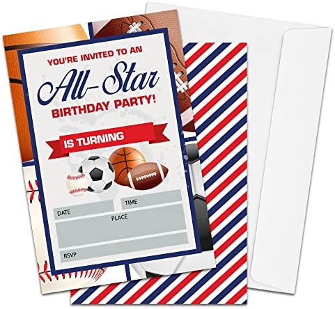 הזמנות למסיבת יום הולדת לבנים או לבנות, מסיבות יום הולדת בייסבול מספקות קישוטים, כל הכוכבים בנושא ספורט הכוכבים