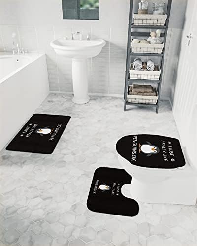 סוואנן 3 חתיכה אמבטיה שטיח סט, אני פשוט באמת כמו פינגווינים קריקטורה פתית שלג דפוס שחור רך סופג אמבטיה מקלחת
