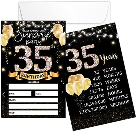 כרטיס הזמנה למסיבת יום הולדת 35 - זהב שחור מזמין עם הדפסת שלטי יום הולדת על הזמנת מילוי דו צדדי אחורי - 20 קלפים
