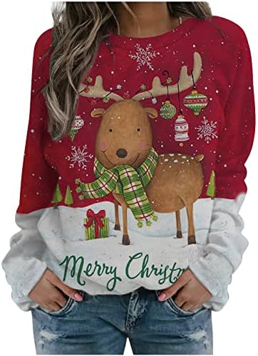 סווטשירט לחג המולד נשים, צמרות חג מולד עליזות ומוארות חולצת סוודר חמודה חולצות צווארון צווארון חולצות שרוול