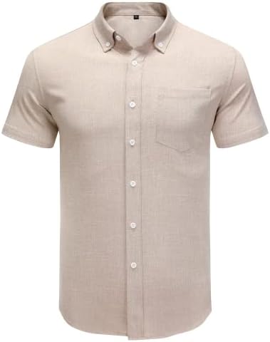 חולצת פשתן לגברים קלאסי בכושר רגיל שרוול קצר קיץ כפתור למטה חולצות חוף מזדמנים