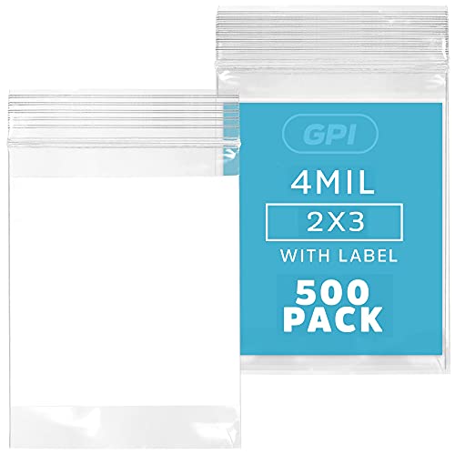 GPI - 2 x 3 - חבילה בתפזורת של 500, 4 מיליליטר, חובה כבדה, שקיות מיקוד מפלסטיק ברורות, עם בלוק לבן כתוב
