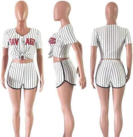 אקאלי נשים של 2 חתיכה מזדמן אימונית תלבושת סטי פס ארוך שרוול חולצה רופף גבוהה מותן מיני מכנסיים קצרים סט