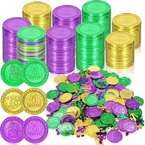 400 PCS Mardi Gras מטבעות פלסטיק מטבעות זהב ירוק סגול מטבעות מזויפים זהב זייף בתפזור