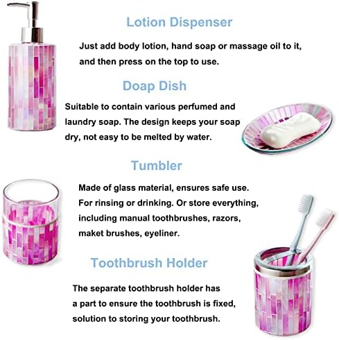 אביזרי אמבטיה של Hilhora יד ביד סט 4 יחידות פסיפס מזכוכית כוס אמבטיה דקורטיבית כוללת מתקן קרם סבון, כוס,