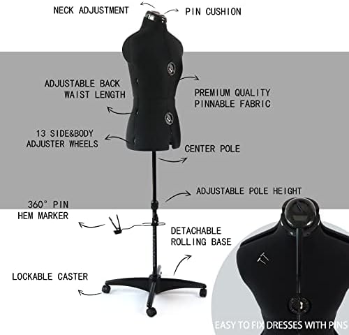 דוגמן מתכוונן בצורת שמלה שחורה ברחבי העולם לתפירה, גודל נקבה 6-14 צורת גוף ניתנת להצמדה עם 13 חוגות וגלגלים