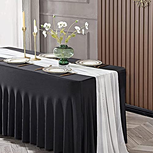 Hapygasmaz 8ft כיסוי שולחן מצויד חצאיות שולחן סטרץ 'לבן לשולחנות מלבן, חצאית שולחן פרועה 4 צדדים אטומים