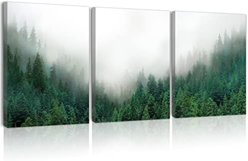 נוף טבעי של Anyzal סט ערמומי קיר יער סט של 3 ערפילי יער קיר הר קיר ארט נוף ירוק ציור מצביעה ממוסגרת