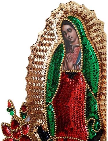 טלאי נצנצים של Virgen de Guadalupe, טלאי התפירה של Lady Guadalupe, טלאי רקום רקום ורד אדום, ליידי