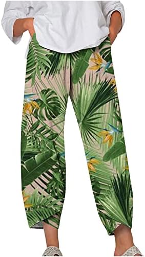 מכנסי קאפרי של תשובה לנשים כותנה פשתן רגל רחבה קפריס הדפס מכנסיים קצוצים קיץ חוף מותניים אלסטיים