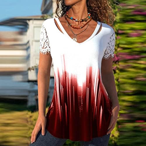נשים טוניקת קיץ צמרות תחרה חלולה שרוול קצר V צוואר חולצת טריקו עניבה צבע הדפסת טיז גרפי זרימה חולצות רופפות