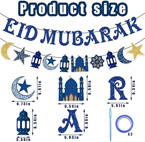 Alibbon Eid Mubarak Banner, Blue Glitter Ramadan Mubarak Banner עם מיתרים תלויים, קישוטים רמדניים