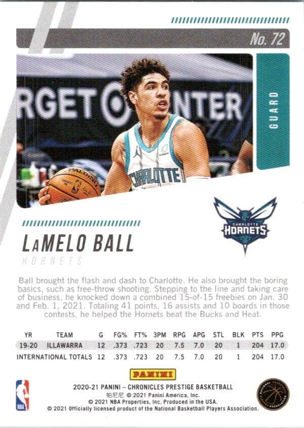 Lamelo Ball RC 2020-21 Panini Chronicles Prestige 72 Rookie NM+ -MT+ NBA Card כדורסל Hernets