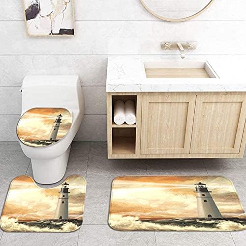 סט וילון מקלחת מגדלור Simiwow עם שטיחים, מגדלור אוקיינוס ​​ימי מגדלור שטיחים