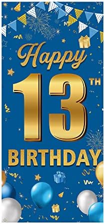 קישוטי באנר לדלת יום הולדת 13, קישוטי יום הולדת 13 שמחים לבנים, קישוט פוסטר שלט כיסוי דלת זהב כחול, רקע
