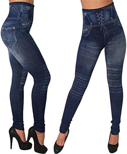 נשים נמתחות מכנסיים דמוי פו חיקוי ג'ינס חותלות מותניים גבוהות ג'יגינגס אלסטיות תערובת כותנה תערובת רזה