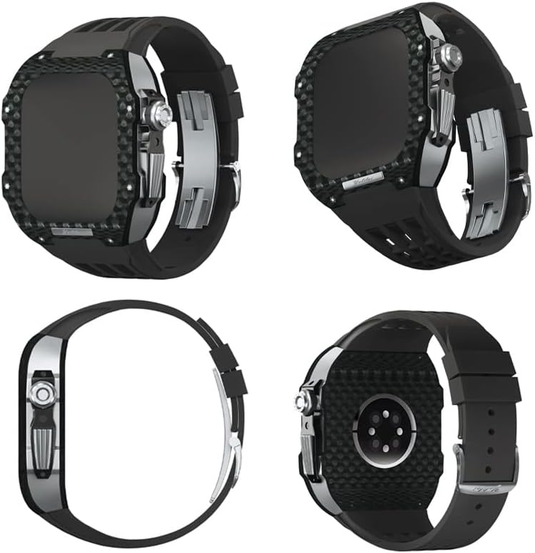 פס פלואורורבר של Kanuz+ערכת שינוי סיבי פחמן ， לסדרת Apple Watch 8 7 45 ממ, בנזל סיבי פחמן ורצועת גומי עבור IWatch