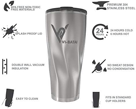 VI -Batai 20 עוז כוס - כוסות נירוסטה עם קש פלסטיק וידית - כוס קיר כפולה מצופה אבקה למשקאות חמים