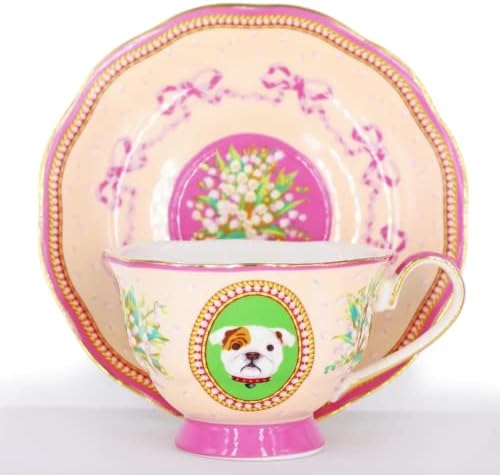 פופי אנג'לוף - סגל תה ותה צלחת נסיכה - אוסף גורים על כוסות - עיצוב כלבים לבנים רכים - חרסינה