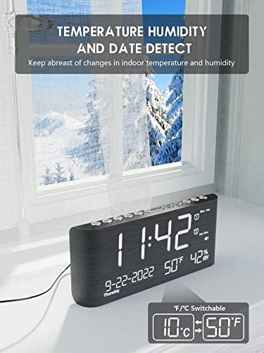 שעונים דיגיטליים לחדרי שינה, שעון מעורר מעץ עם טמפרטורה ולחות, אזעקה כפולה, מצב יום חול/סוף שבוע,