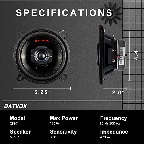 Batvox CS501 120 וואטס 5.25 אינץ '2 דרכים 4 אוהם עכבה וטוויטר פיזו לרמקולי רכב קואקסיאלי של מכוניות, מערכת קול