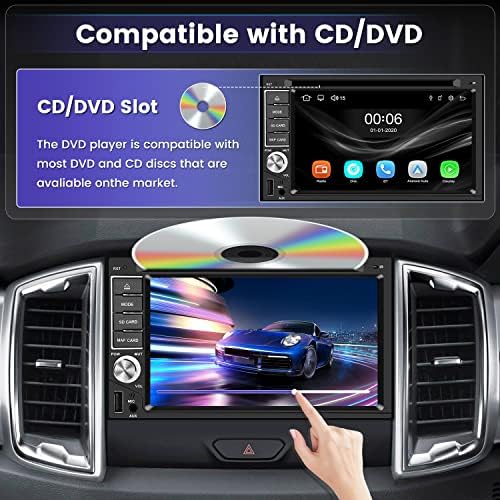 כפול DIN STEREO STEREO CD נגן DVD עם Apple Carplay Android Auto, 6.2 אינץ '2 רדיו רכב עם מצלמת