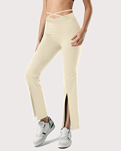 מכנסי יוגה מפוצלים במותניים גבוהים של Esobo מכנסי יוגה מותניים עם תחרה קדמית מפוצלת חותלות רגל רחבות מכנסיים